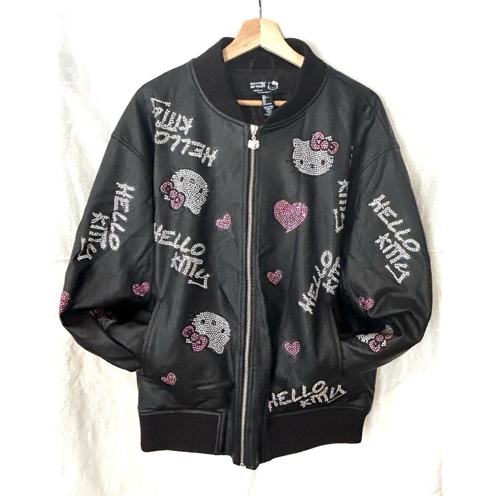 Hello Kitty Black Bomber Jacket Women With Rhinestones Size LARGE